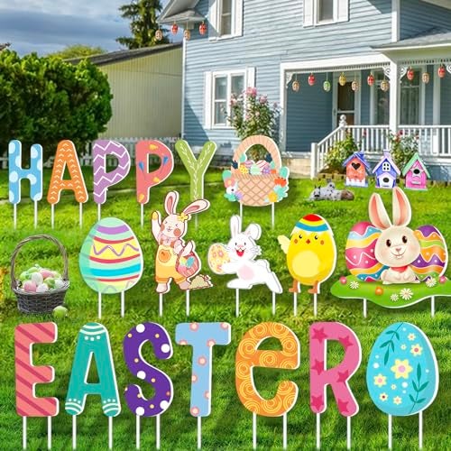 FathiSooc 18 PCs Easter Decorations Happy Easter Yard Signs with Stakes, Giant Modern Multi Colored Plastic Yard Signs, 15 x 11.1 Inches, Stake Mount, Weatherproof, Reusable - Image 1