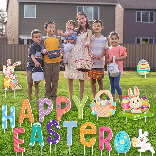 FathiSooc 18 PCs Easter Decorations Happy Easter Yard Signs with Stakes, Giant Modern Multi Colored Plastic Yard Signs, 15 x 11.1 Inches, Stake Mount, Weatherproof, Reusable - Image 4
