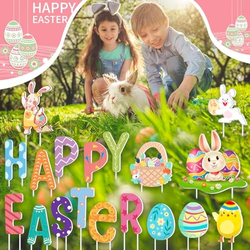 FathiSooc 18 PCs Easter Decorations Happy Easter Yard Signs with Stakes, Giant Modern Multi Colored Plastic Yard Signs, 15 x 11.1 Inches, Stake Mount, Weatherproof, Reusable - Image 2