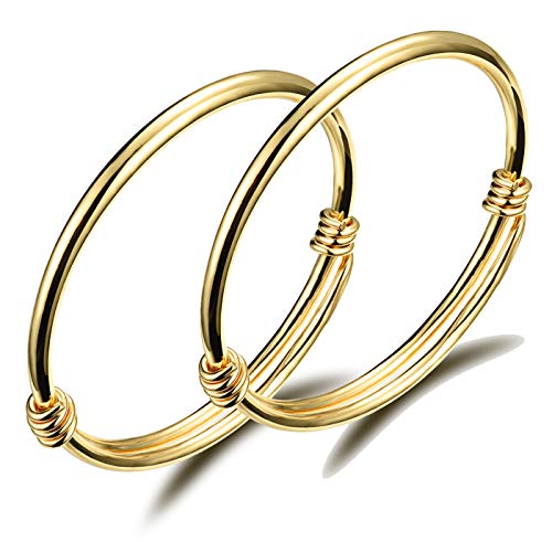 Eymi Children Jewelry 18k Gold Plated Bangle Bracelet for Toddlers Gift Safe Easy Adjustable 4.7" - 5.9" (C: 2Pcs (Style 1)) - Image 1
