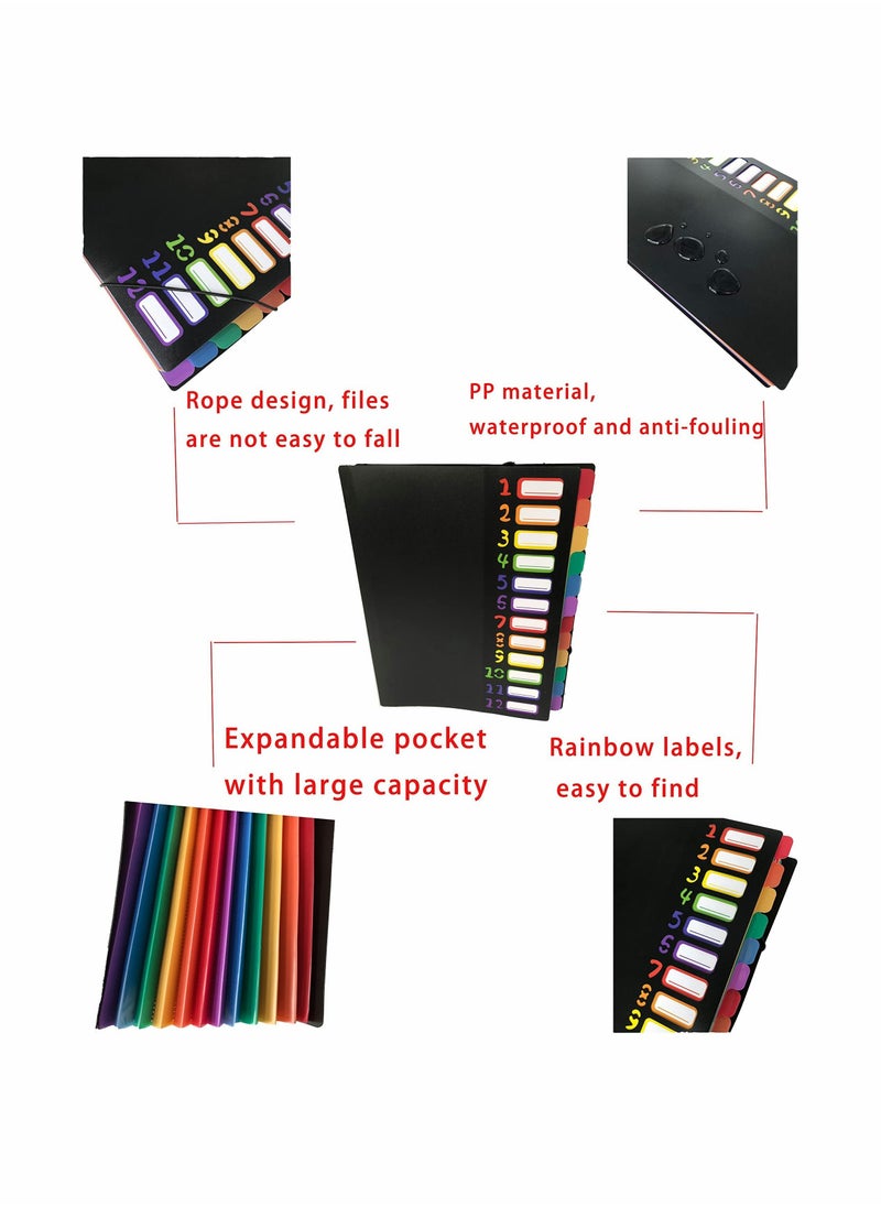 SYOSI - Colored File Folders,Accordian File Organizer Black Cover with 24 Pockets, A4 Letter Size Expanding Hold 240 Sheets, with Rainbow Tabs Suitable for School Office Travel - Image 1