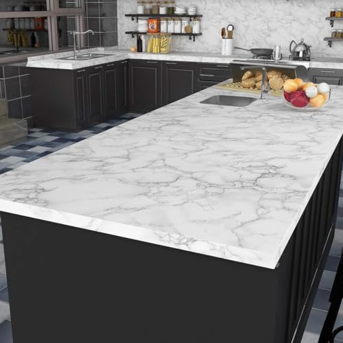 Livelynine 197 X 24 Inch Wide White Marble Contact Paper Peel and Stick Countertops Waterproof Wallpaper for Kitchen Counter Top Table Bedroom Desk Dresser Top Cover Adhesive Vinyl Countertop Covers - Image 1