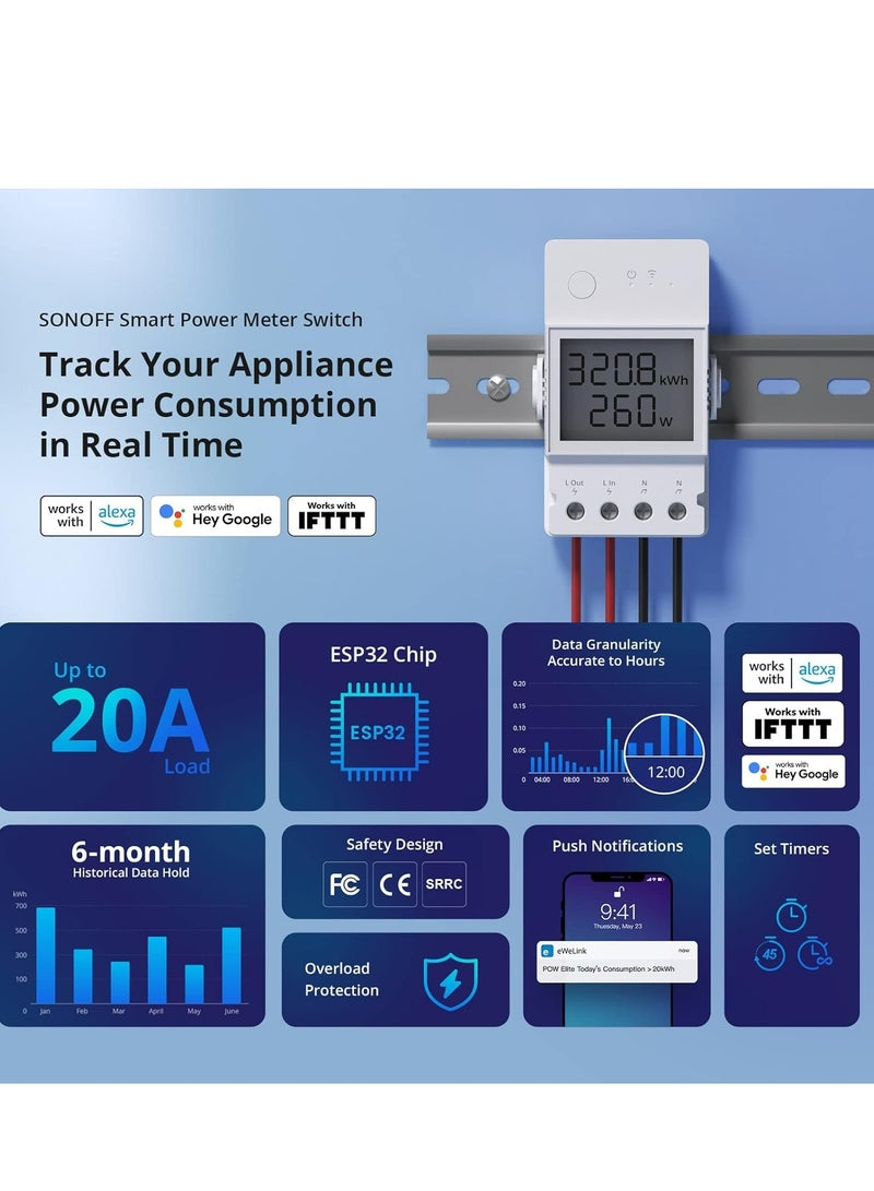 SONOFF SONOFF POWR320D Elite 20A WiFi Smart WiFi Wireless Light Switch with Energy Monitoring, Universal DIY Module for Smart Home Automation, Works with Amazon Alexa & Google Home, No Hub Required - Image 2