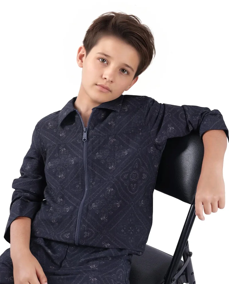 رير ونز Rare Ones Kids Louis Dark Navy Viscose Full Sleeve Digital Print Shacket