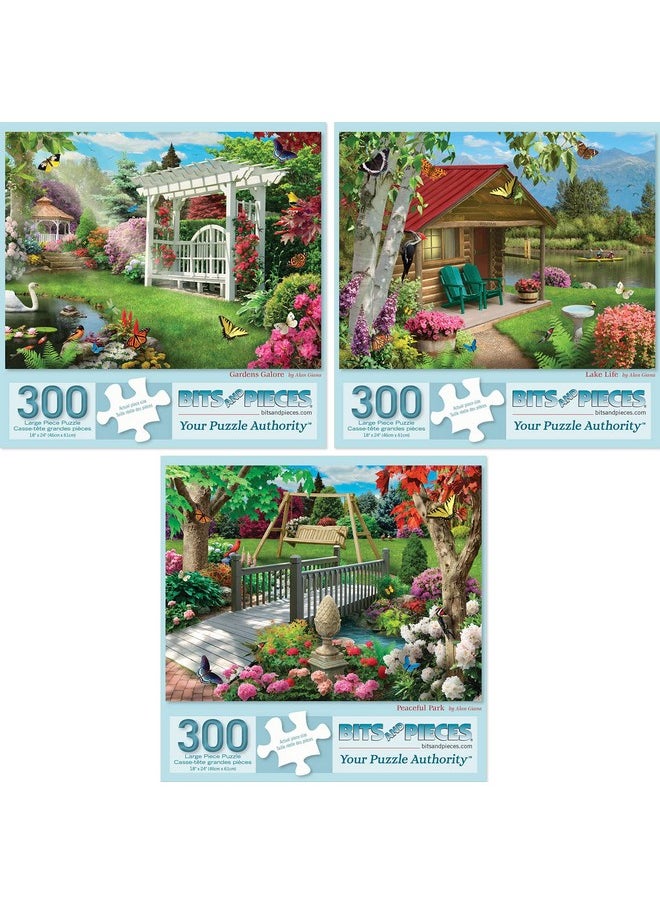 Bits and Pieces Bits and Pieces - Value Set of Three (3) 300 Piece Jigsaw Puzzles for Adults - Each Puzzle Measures 18" x 24" - 300 pc Gardens Galore, Lake Life, Peaceful Park Jigsaws by Artist Alan Giana  - Image 1