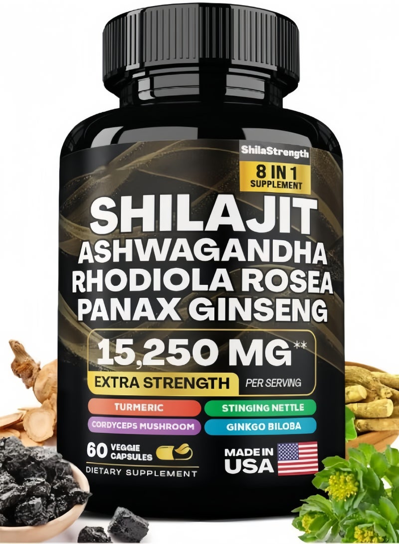 شيلاجيت آر إكس شيلا سترينغث تركيبة حيوية 8 في 1 مع شيلاجيت وأشواگاندة وجينسنغ باناكس – 15,250 ملغ قوة مُعززة لزيادة الطاقة ومكافحة الإرهاق وتخفيف الضغط – 60 كبسولة نباتية - Image 1