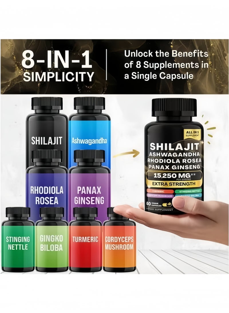 شيلاجيت آر إكس شيلا سترينغث تركيبة حيوية 8 في 1 مع شيلاجيت وأشواگاندة وجينسنغ باناكس – 15,250 ملغ قوة مُعززة لزيادة الطاقة ومكافحة الإرهاق وتخفيف الضغط – 60 كبسولة نباتية - Image 2