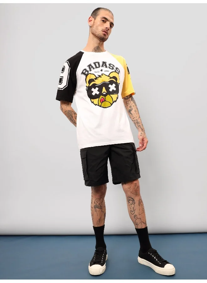 Beyoung Badass White Color Block Oversized T-shirt for Men