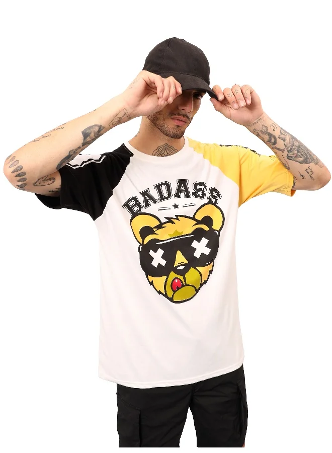 Beyoung Badass White Color Block Oversized T-shirt for Men