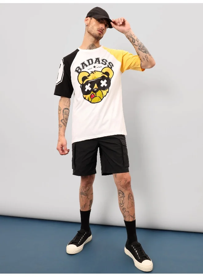 Beyoung Badass White Color Block Oversized T-shirt for Men