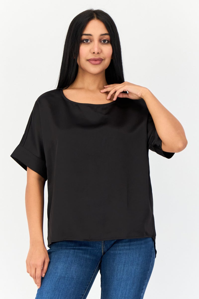 VERO MODA Women Round Neck Short Sleeve Plain Shirt, Black - Image 1
