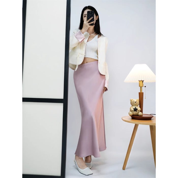 High-Waisted Slimming Long Dress Cracker Khaki French Style Acid-Eaten Silk Skirt For Women Summer New Arrival High-End Feel light purple 