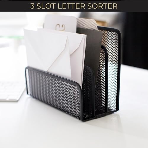 BLU MONACO Black Metal Mesh Letter Sorter | 3-Slot Mail Organizer for Desk, Office & Home | Vertical File & Envelope Holder with Non-Slip Base | Space-Saving Desktop Mail Organizer - Image 4