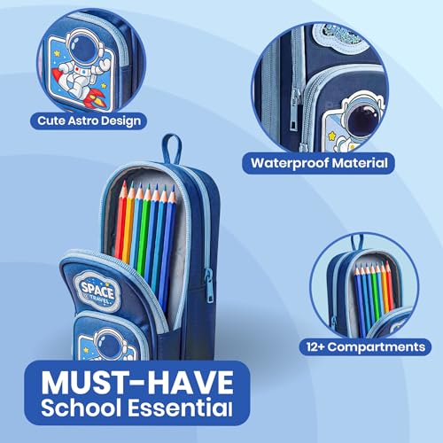 Famyo® Blue Space Pencil Case for Kids | Aesthetic School Pencil Box for Boys & Girls | Stationery Pouch with 3 Zipper Compartments | Cute Pencil Pouch for Kids - Image 2