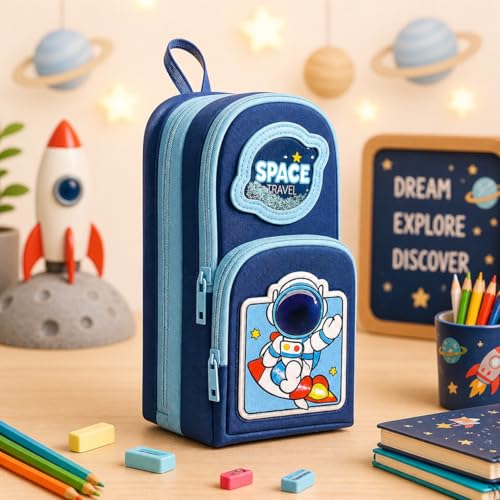 Famyo® Blue Space Pencil Case for Kids | Aesthetic School Pencil Box for Boys & Girls | Stationery Pouch with 3 Zipper Compartments | Cute Pencil Pouch for Kids - Image 1