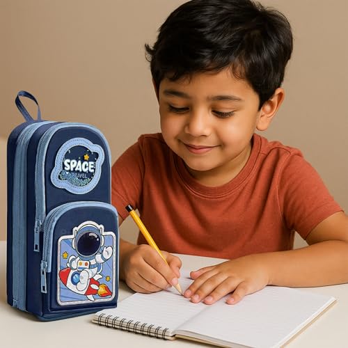 Famyo® Blue Space Pencil Case for Kids | Aesthetic School Pencil Box for Boys & Girls | Stationery Pouch with 3 Zipper Compartments | Cute Pencil Pouch for Kids - Image 5
