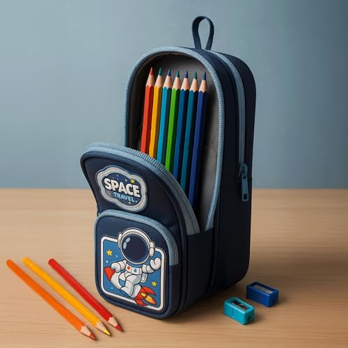 Famyo® Blue Space Pencil Case for Kids | Aesthetic School Pencil Box for Boys & Girls | Stationery Pouch with 3 Zipper Compartments | Cute Pencil Pouch for Kids - Image 4