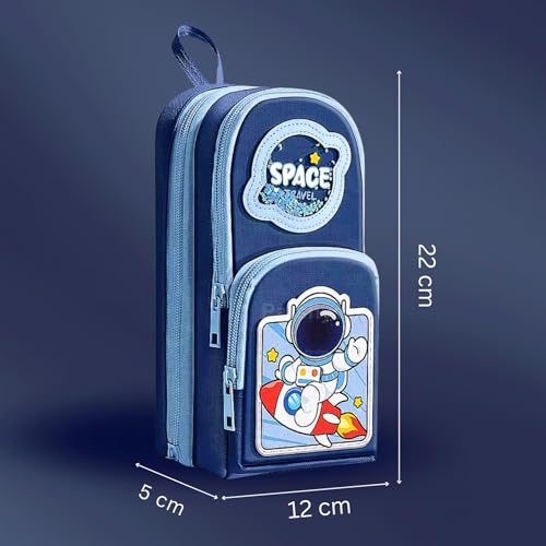 Famyo® Blue Space Pencil Case for Kids | Aesthetic School Pencil Box for Boys & Girls | Stationery Pouch with 3 Zipper Compartments | Cute Pencil Pouch for Kids - Image 3