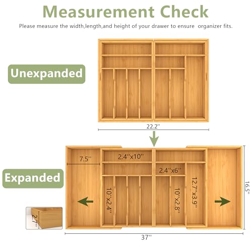 Suli Large Silverware Drawer Organizer Adjustable Kitchen Flatware for Forks Knives and Spoons Bamboo Cutlery Utensil Holder Expandable from 22in37in Natural Bamboo - Image 3