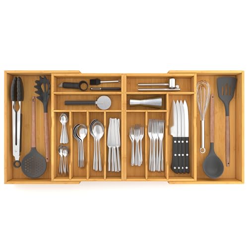 Suli Large Silverware Drawer Organizer Adjustable Kitchen Flatware for Forks Knives and Spoons Bamboo Cutlery Utensil Holder Expandable from 22in37in Natural Bamboo - Image 1