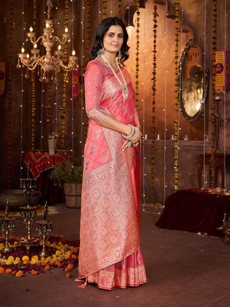 Mehrang Women Embroidered Silk Saree With Zari Work, Coral Pink, 6 Metres - Image 4