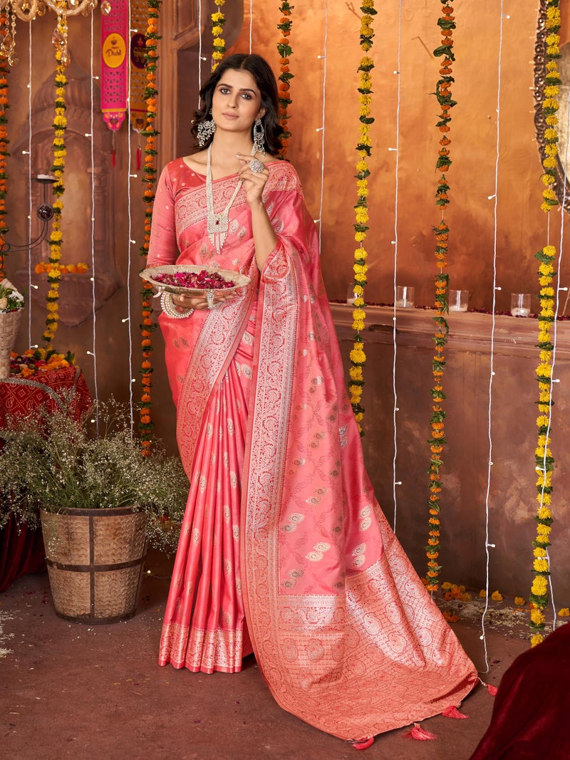 Mehrang Women Embroidered Silk Saree With Zari Work, Coral Pink, 6 Metres - Image 5