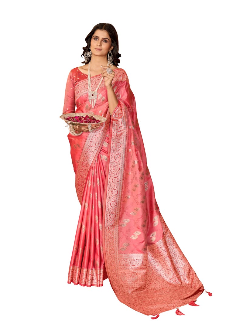 Mehrang Women Embroidered Silk Saree With Zari Work, Coral Pink, 6 Metres - Image 1