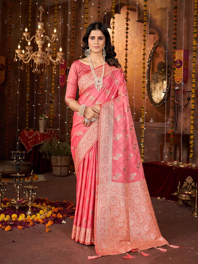 Mehrang Women Embroidered Silk Saree With Zari Work, Coral Pink, 6 Metres - Image 2