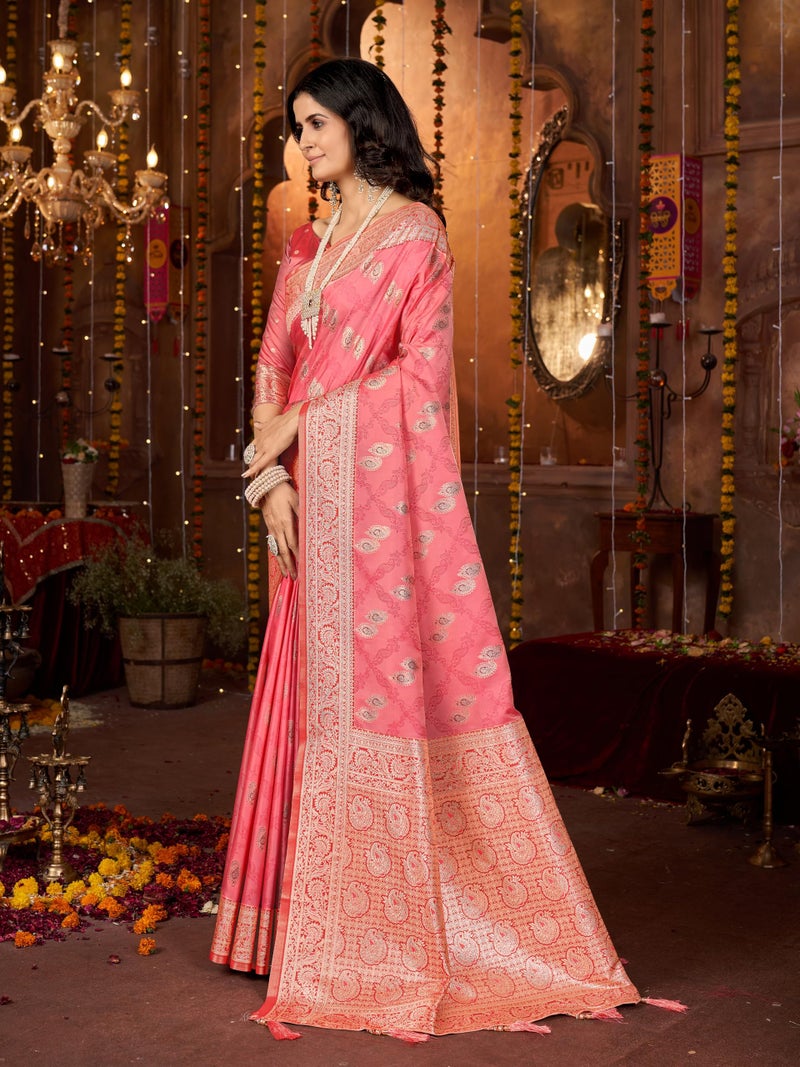 Mehrang Women Embroidered Silk Saree With Zari Work, Coral Pink, 6 Metres - Image 3