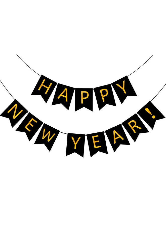 FECEDY Happy New Year Banner Black Bunting With Gold Alphabet For New Year Party Supplier Eve Party Decorations - Image 1