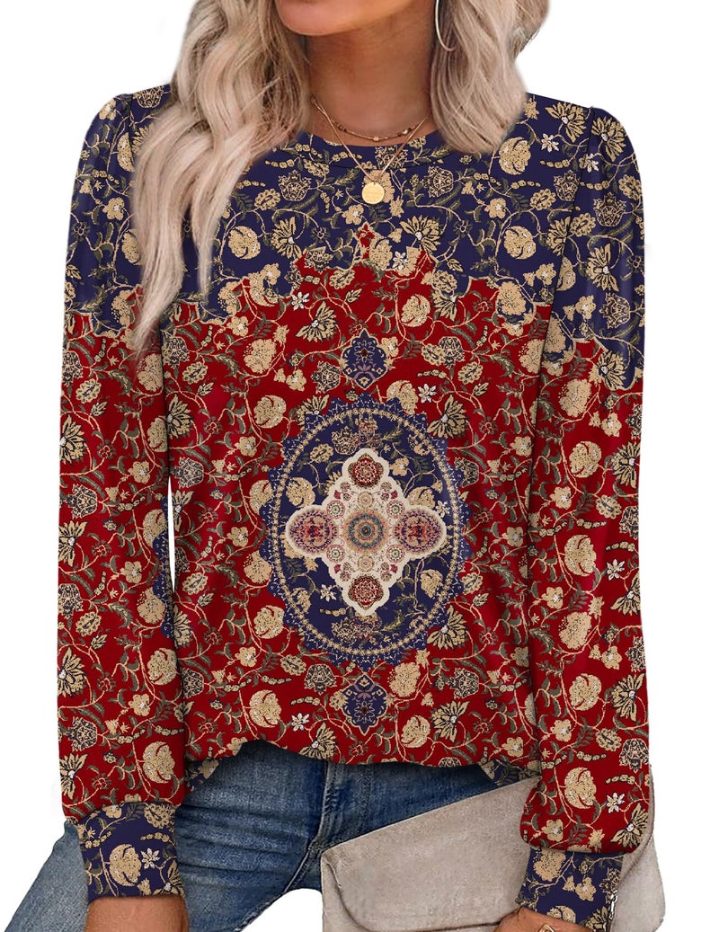 Alaroo Long Sleeve Shirts Tunic Boho Tops for Women Fall Fashion Basic Crewneck Sweatshirts Trendy Clothes Print 37 XL - Image 1