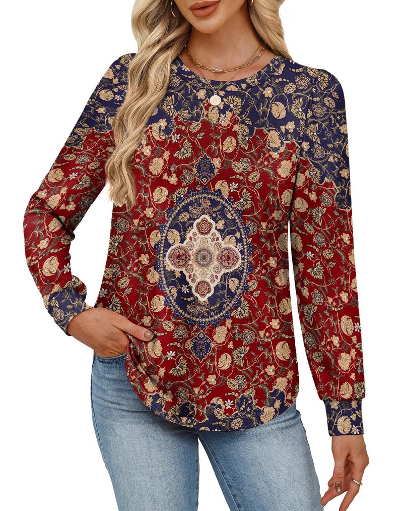 Alaroo Long Sleeve Shirts Tunic Boho Tops for Women Fall Fashion Basic Crewneck Sweatshirts Trendy Clothes Print 37 XL - Image 2