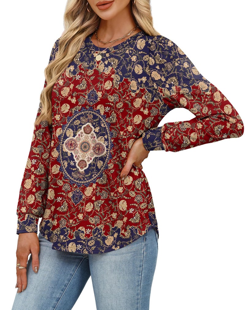 Alaroo Long Sleeve Shirts Tunic Boho Tops for Women Fall Fashion Basic Crewneck Sweatshirts Trendy Clothes Print 37 XL - Image 3