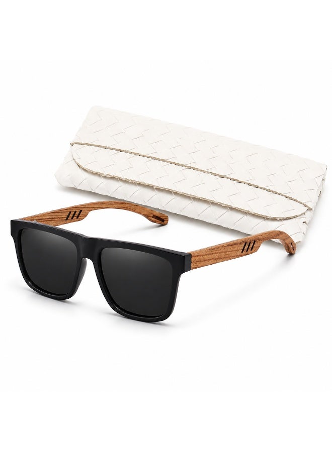 Classic Square Sunglasses with Wooden Temple Style and Protective  Case - Image 1