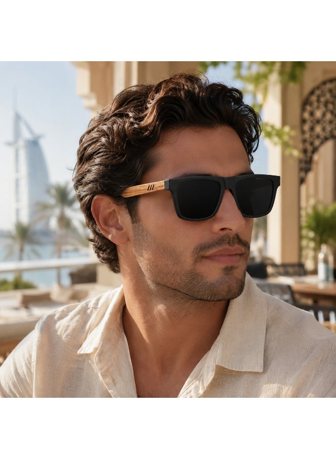 Classic Square Sunglasses with Wooden Temple Style and Protective  Case - Image 2