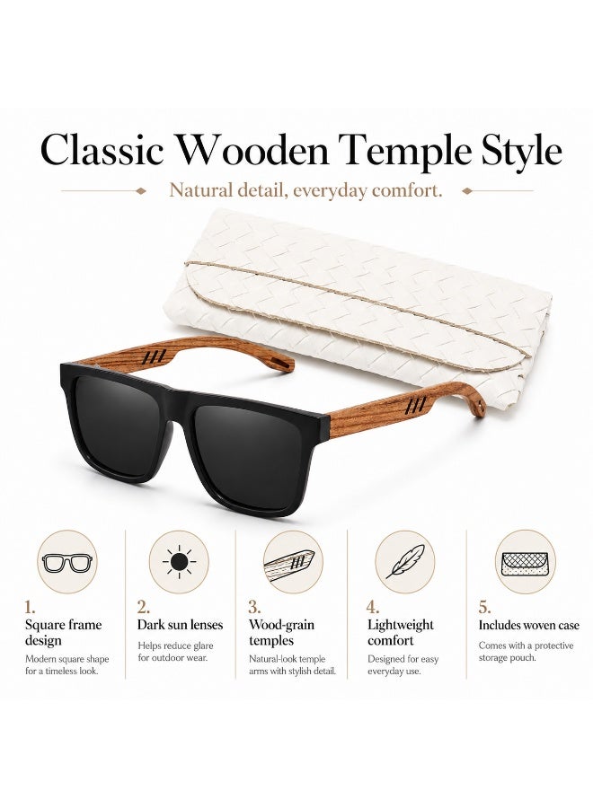 Classic Square Sunglasses with Wooden Temple Style and Protective  Case - Image 3