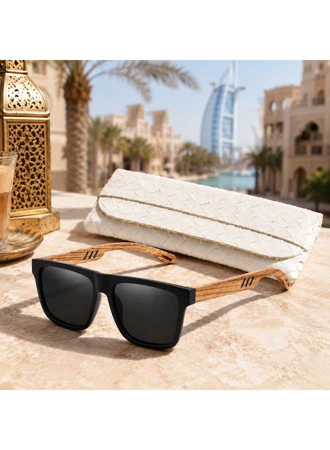 Classic Square Sunglasses with Wooden Temple Style and Protective  Case - Image 4