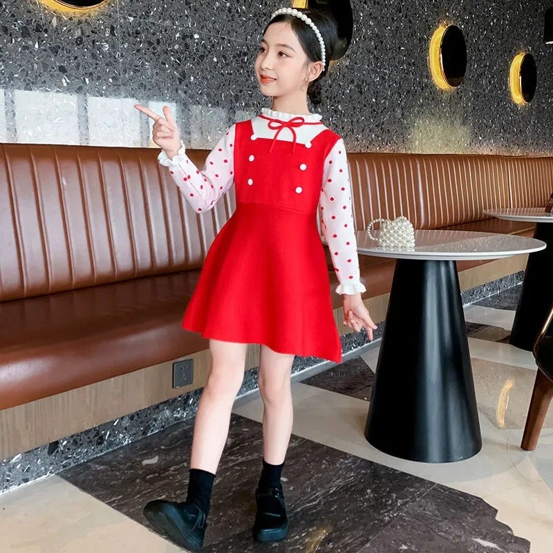 Girls Red Polka Dot Knit Sweater Dress Autumn Red