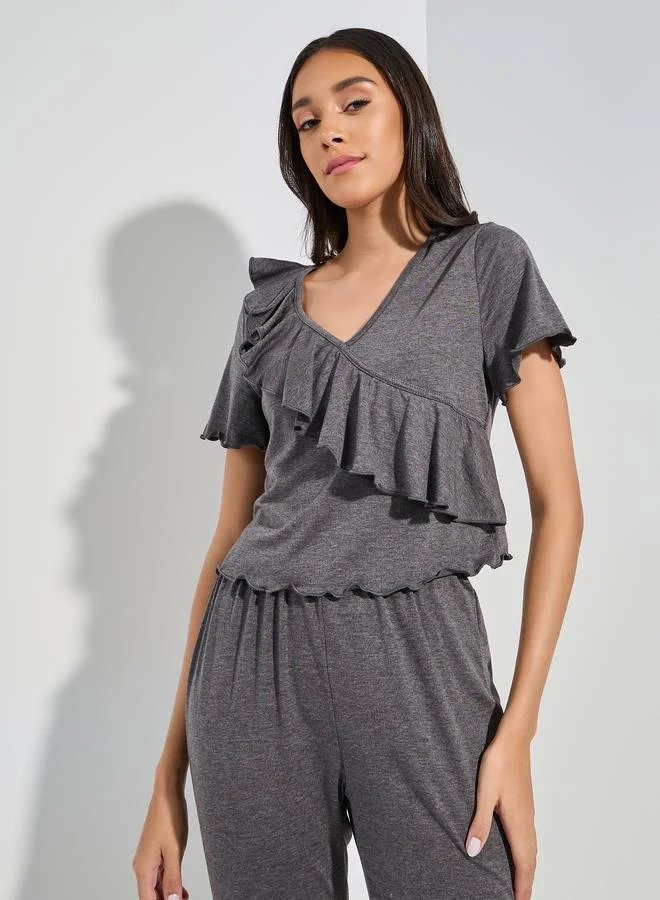 Styli Ruffled V Neck T-Shirt & Full Length Pyjama Set