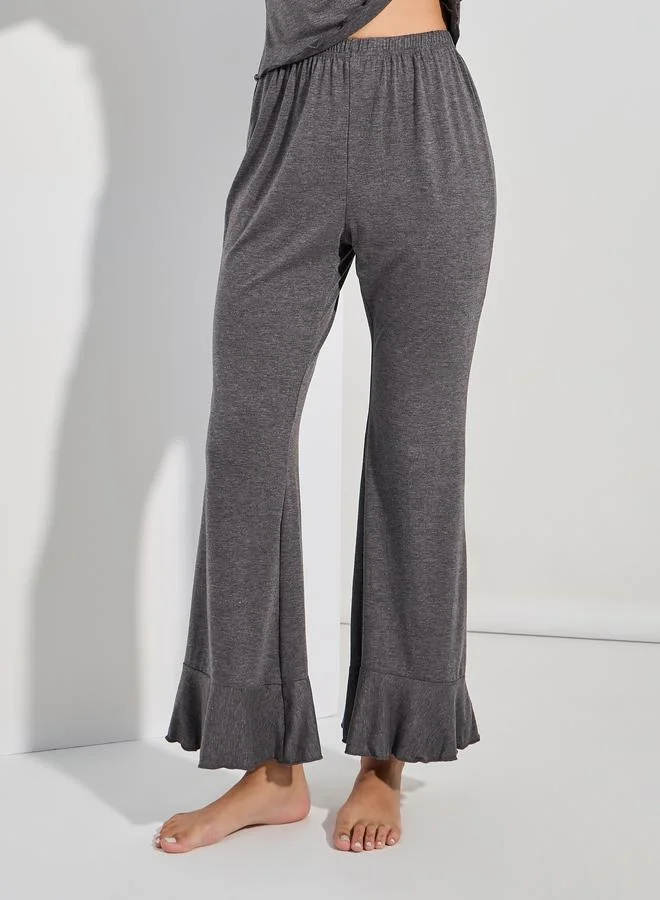 Styli Ruffled V Neck T-Shirt & Full Length Pyjama Set