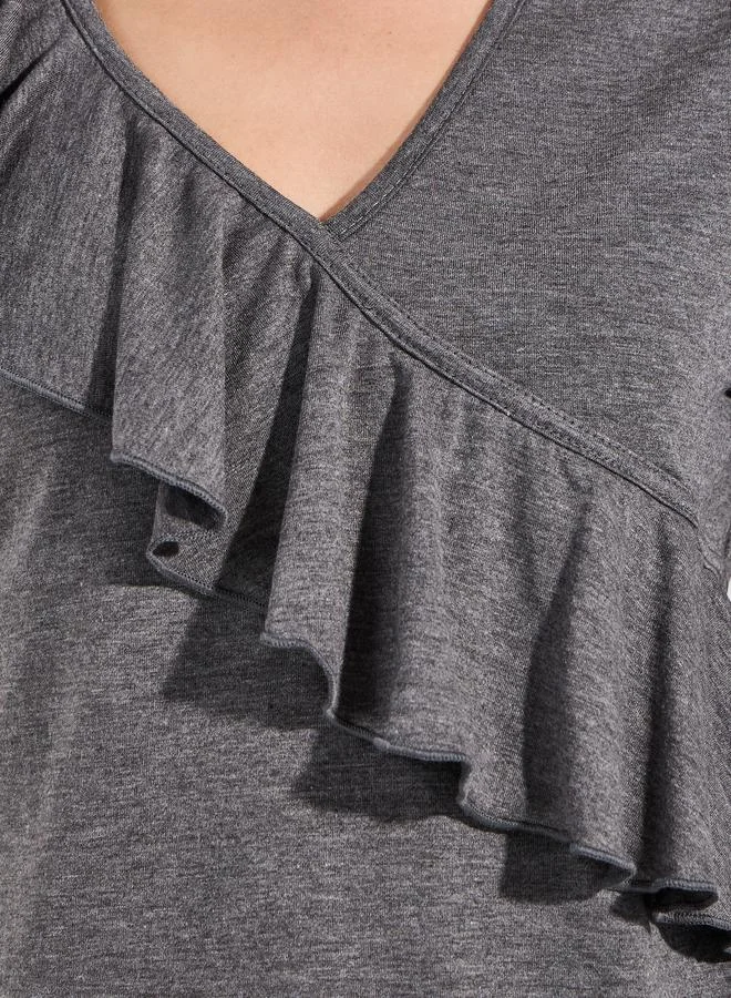 Styli Ruffled V Neck T-Shirt & Full Length Pyjama Set