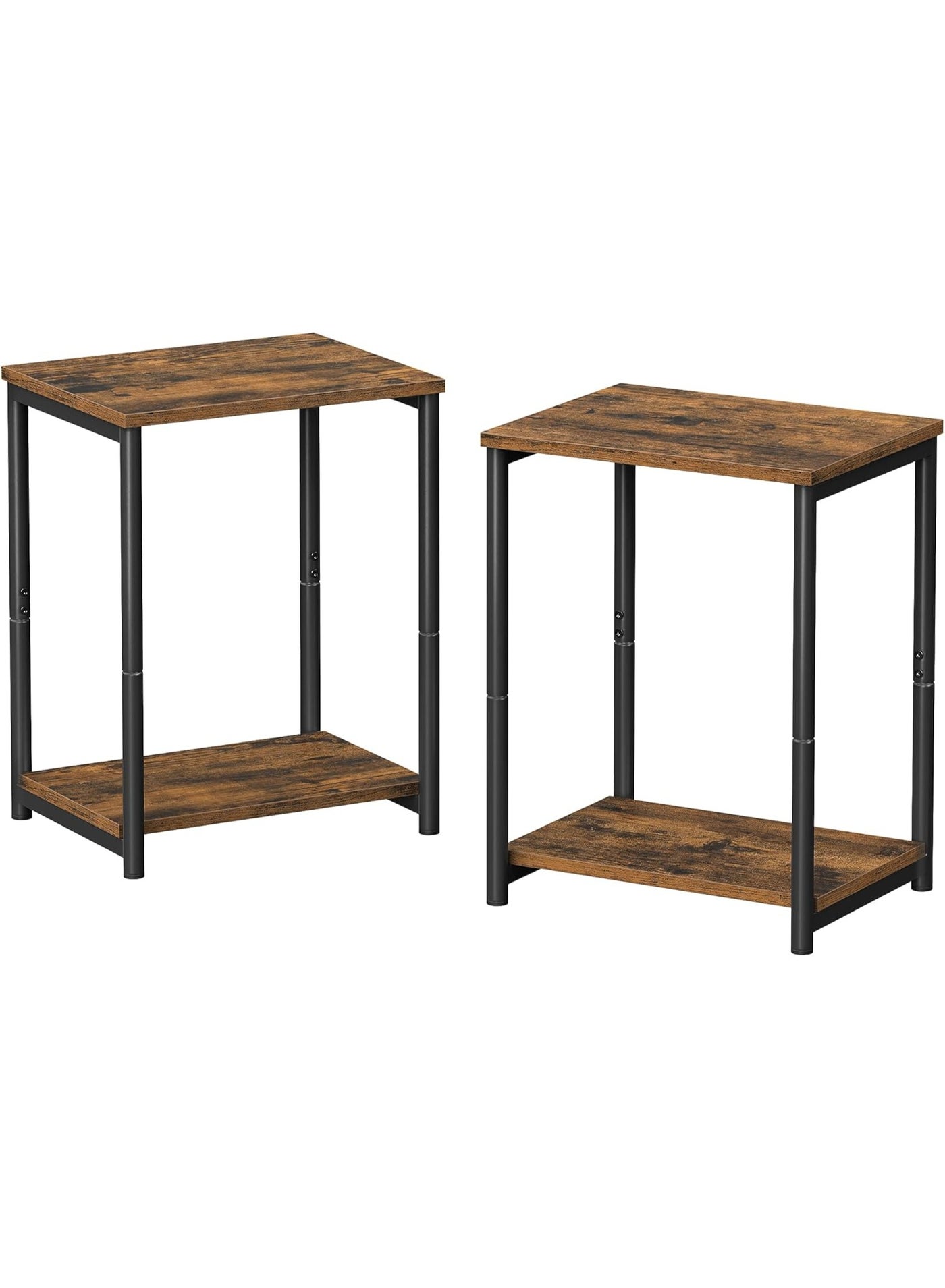 Rustic Brown and Black 2-Tier Industrial Side Table Set, Rectangular Bedside Table for Living Room, Bedroom, Office, Nightstand Storage with Durable Steel Frame and Engineered Wood Shelves