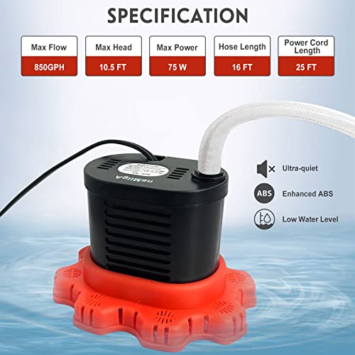 AgiiMan Pool Cover Pump Above Ground - 850 GPH Submersible Water Pump for Pool Draining, Portable Small Sump Pumps with 16' Drainage Hose and 25' Power Cord, 3 Adapters, Black - Image 2