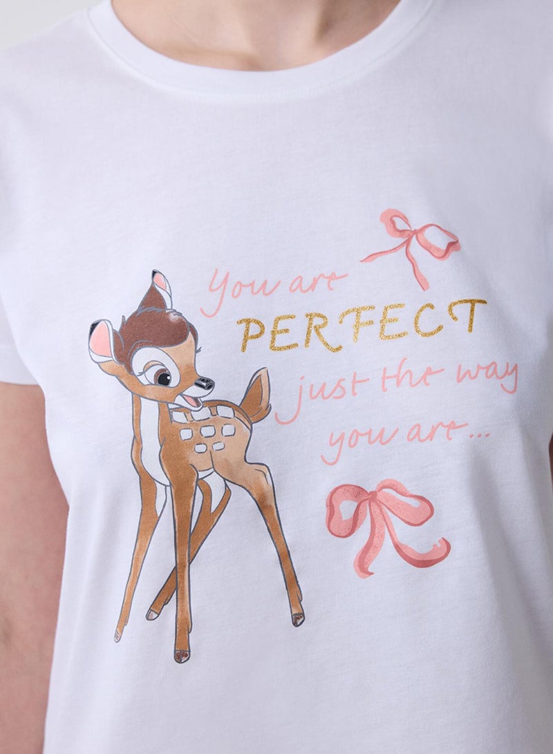 بنتي طقم بيجامة قطن بامبي أبيض ووردي - Image 3