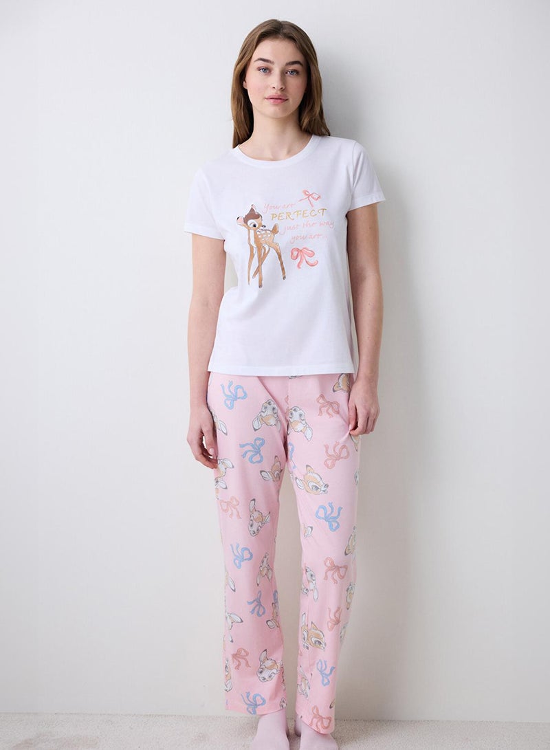 بنتي طقم بيجامة قطن بامبي أبيض ووردي - Image 1