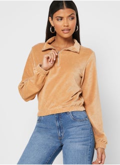 Zip Detail High Neck Cropped Sweatshirt