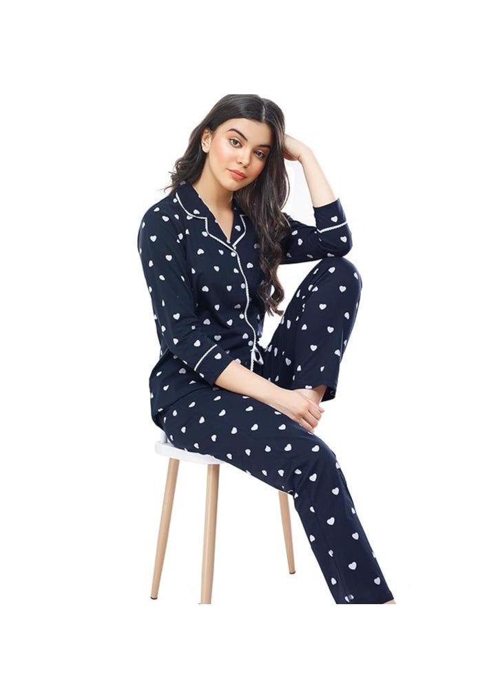 Accessorize Kingdom - Women's Cotton Heart Printed Night Suit Set Of Shirt & Pajama Set - Image 1