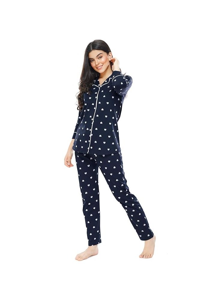 Accessorize Kingdom - Women's Cotton Heart Printed Night Suit Set Of Shirt & Pajama Set - Image 1