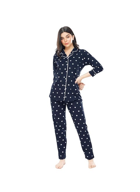 Women's Cotton Heart Printed Night Suit Set Of Shirt & Pajama Set