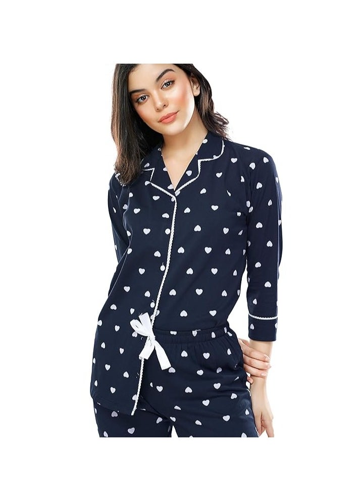 Accessorize Kingdom - Women's Cotton Heart Printed Night Suit Set Of Shirt & Pajama Set - Image 1